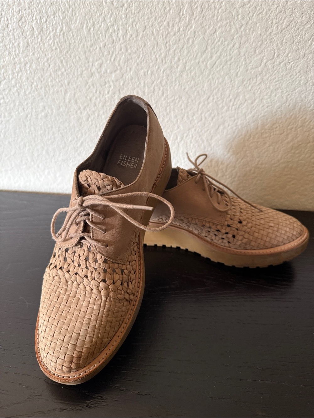 Eileen Fisher Woven Lace-Up Oath Platform Oxfords in Tan